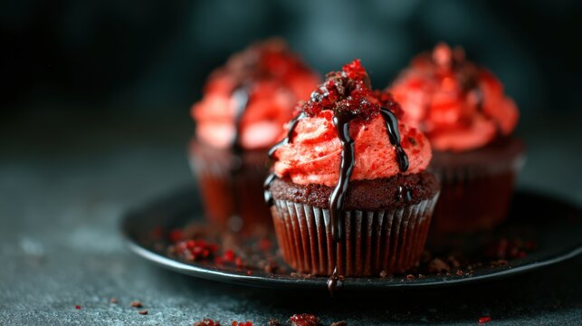 Three luscious red velvet cupcakes with fluffy frosting and rich chocolate sauce create an enticing dessert display, perfect for any special occasion or celebration. - Powered by Adobe