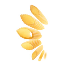 Italian pasta levitating on a white background