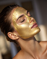 A gold hydrogel mask is placed on a woman's face, perfectly following her facial features