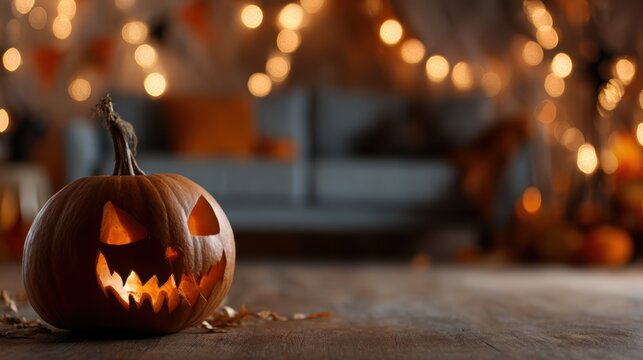 A carved pumpkin glowing warmly in a softly illuminated room, evoking the spirit of Halloween with decorations and an inviting atmosphere for seasonal festivities.