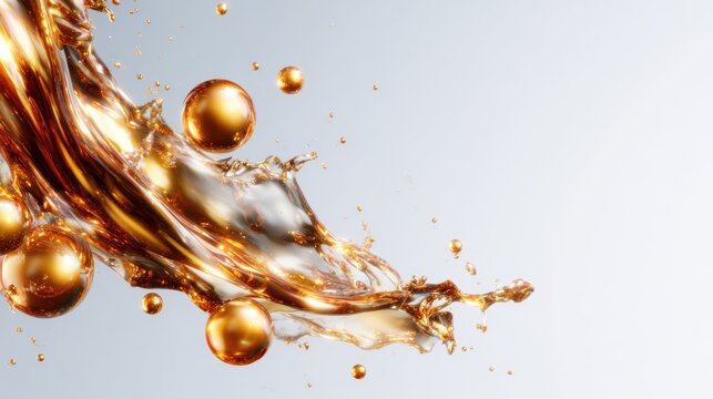 Abstract representation of fluid dynamics featuring a splash of liquid interspersed with golden bubbles, evoking a sense of energy, movement, and creativity.