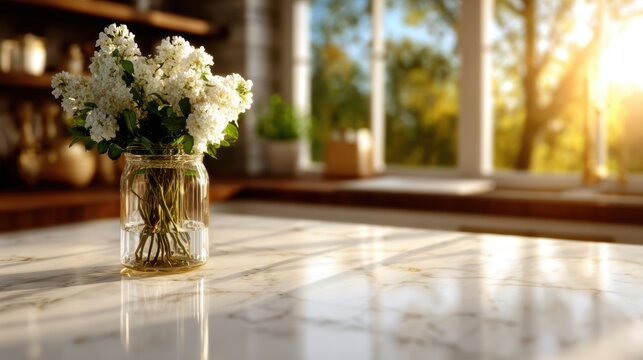 A rustic jar filled with fresh white flowers is beautifully positioned on a table illuminated by warm sunlight, conveying a sense of freshness and warmth in home decor.