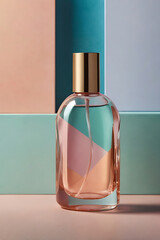 Modern abstract mockup for cosmetic product presentation. In the foreground is a glass bottle