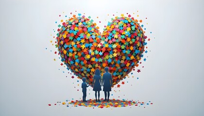 Silhouette of family standing in front of a heart made of colorful puzzle pieces on white background