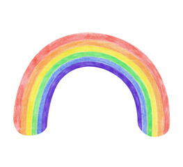 Drawing a rainbow with colored pencils. A child's drawing of a curved arc of a multicolored rainbow is isolated on a white background. Clipart.