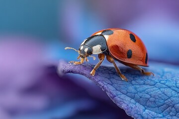 Fototapeta premium Ladybug Macro Photography, Vivid Red Beetle with Black Spots Perched on Edge of Blue-Purple Leaf, Nature Close-Up, Entomology Study, Educational Content, Environmental Conservation Graphic