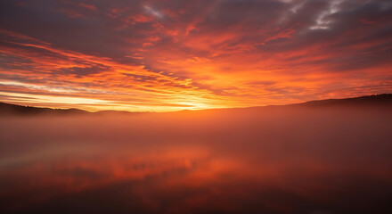 Fototapeta premium A vibrant sunset over a misty landscape with orange and red clouds and distant silhouetted hills ai generated