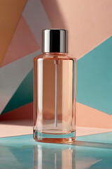 Modern abstract mockup for cosmetic product presentation. In the foreground is a glass bottle