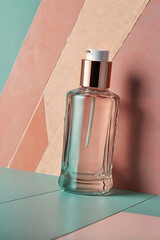 Modern abstract mockup for cosmetic product presentation. In the foreground is a glass bottle
