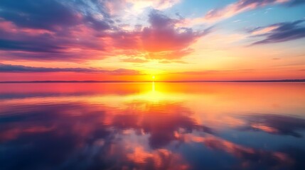 Stunning sunset over calm water reflecting vibrant colors in the sky.