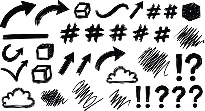 Hand Drawn Arrows, Hashes, Cubes, Clouds, Scribbles, Punctuation Marks, Hexagon for Creative Design, Annotation, Emphasis, Communication