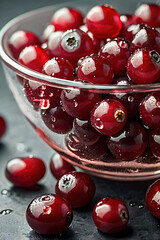 Juicy cranberries, collected in a transparent glass bowl, with sparkling dew drops on the surface