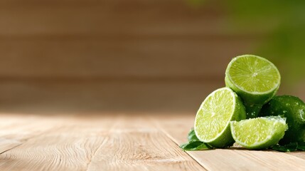 An appealing collection of vibrant green limes arranged thoughtfully on a wooden surface, highlighting the freshness and vitality that these fruits bring to culinary creations.