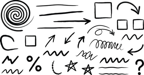 Hand-drawn doodle elements with arrows, lines, stars, squares, spiral, symbols, sketch icons for creative design and presentation use