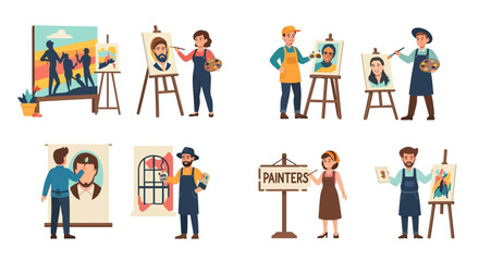 Several artists painting portraits and landscapes on easels, demonstrating their creative skills.