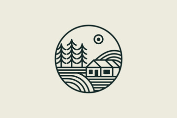 Obraz premium Minimalist Black and White Circular Rural Landscape Logo