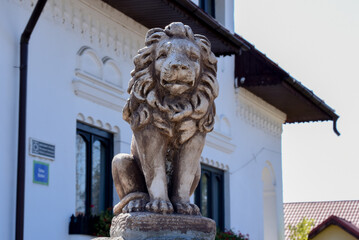 lion statue in front of a church