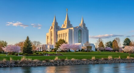Fototapeta premium Majestic temple by a river, springtime