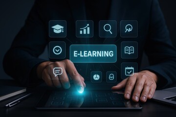 Person interacting with a digital tablet interface featuring an "E-LEARNING" concept with various related icons, showcasing online education and technological advancement within a modern, dark...