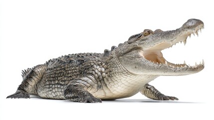 Naklejka premium Majestic Alligator with Mouth Agape Isolated Against a White Backdrop