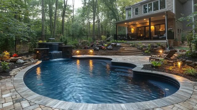 A beautifully landscaped backyard boasts a stylish, curved swimming pool, complete with a cascading water feature and outdoor lighting.