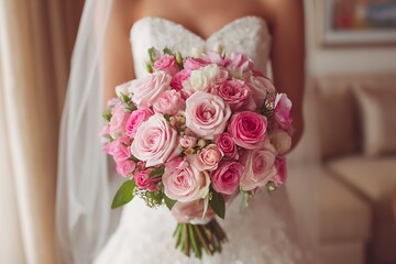 Obraz premium A bride holding a stunning bouquet of pink roses, the epitome of romance and elegance for wedding photography.