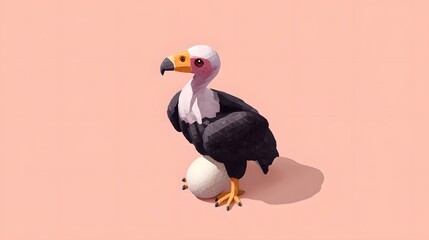 Fototapeta premium Colorful Low-Poly Vulture Sculpture with Egg on Pink Background