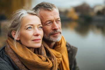 Charming Middle Aged Couple Embracing by the Lakeside, Celebrating Love and Leisure in a Serene Outdoor Park
