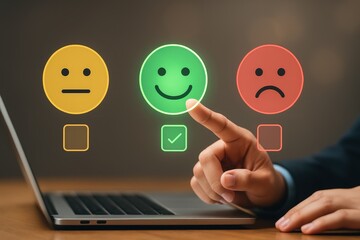 A person's finger selects a green smiley face icon, indicating positive feedback, while using a laptop computer, with other options for neutral and negative feedback displayed.