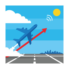 Blue Airplane Soaring Upward on Red Arrow, Growth Concept, Modern Flat Design, Sunny Sky