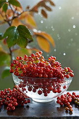 Juicy clusters of viburnum, gathered in a transparent glass bowl, with sparkling dew drops on the berries