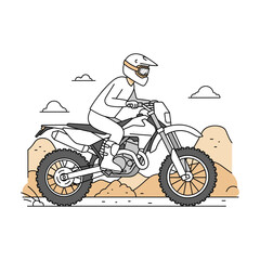 Line art illustration of motocross rider speeding across desert landscape.