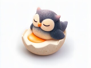 Adorable Owl Figurine Nestled in Eggshell with Sleepy Expression