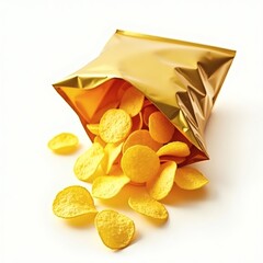 Golden foil bag overflowing with crispy potato chips spilling onto a clean white background