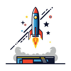 Retro Rocket Launch:  Modern Flat Design, Upbeat Startup Success Illustration