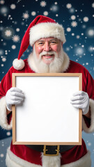 Naklejka premium Cheerful Santa Claus in red suit holds blank frame, ready for festive messages. Snowflakes fall softly in background, creating joyful atmosphere
