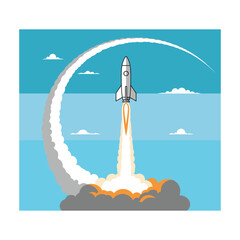 Rocket Launch:  Upward Trajectory,  Clean Minimalist Style,  Optimistic Blue Sky Background.