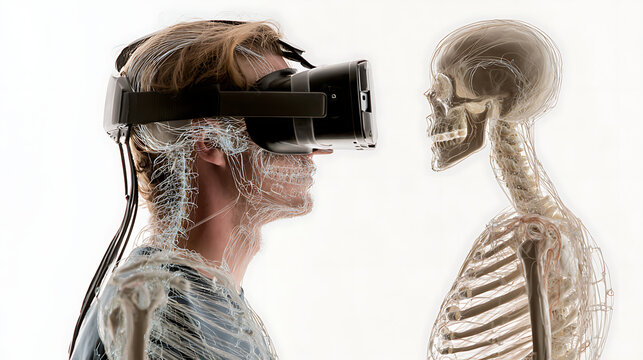 Man wearing virtual reality headset looking at a skeleton isolated on white background - Powered by Adobe