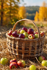 A wicker basket filled with fresh red apples and juicy dark grapes stands on soft hay