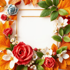 A decorative frame made of colorful autumn leaves and various flowers, including red roses and white blossoms