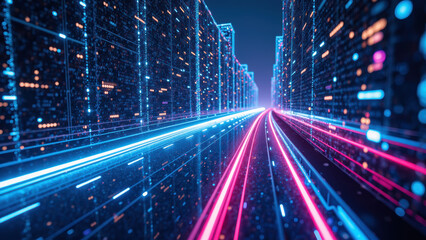 Futuristic cityscape with glowing neon lights and digital data streams creating vibrant atmosphere