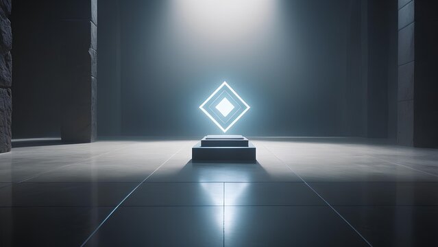 Mystical glowing geometric diamond hovers over a futuristic pedestal in a stark, illuminated chamber, representing advanced technology, discovery, and abstract concepts in a minimalist setting