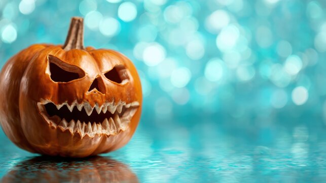 A creatively carved jack-o'-lantern with a spooky grin and jagged teeth sits against a shimmering, festive bokeh backdrop, embodying the spirit of Halloween celebrations.