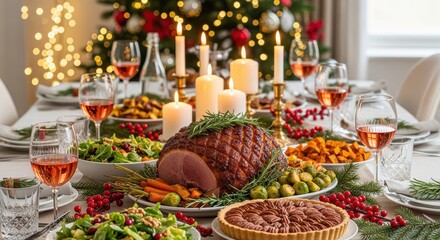 Fototapeta premium Elegant Christmas dinner table with glazed roasted ham, pecan tart, and seasonal vegetables. Wine glasses with rosé, lit candles, and festive decorations create warm holiday atmosphere.