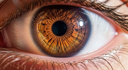 A captivating close-up of a human eye with a vibrant, brown iris and intricate patterns. The eye's mesmerizing beauty draws the viewer's attention.