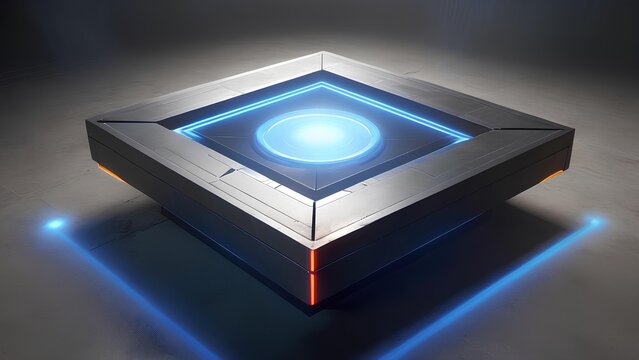 Futuristic glowing core device emitting blue light, symbolizing advanced technology, data processing, and innovation, presented in a minimalist and sleek design, embodying the concept of progress