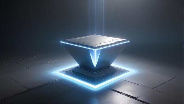 Futuristic glowing pedestal with abstract geometric shape and blue light beam from above, sci-fi concept