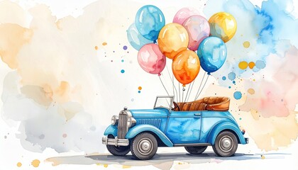 Car carries balloons on road trip against watercolor backdrop. Celebratory use