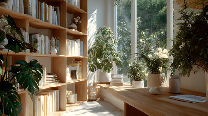 A zoom background photo of a minimalist modern office with a bookshelf and plants