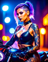 portrait of beautiful biker woman with tattoos